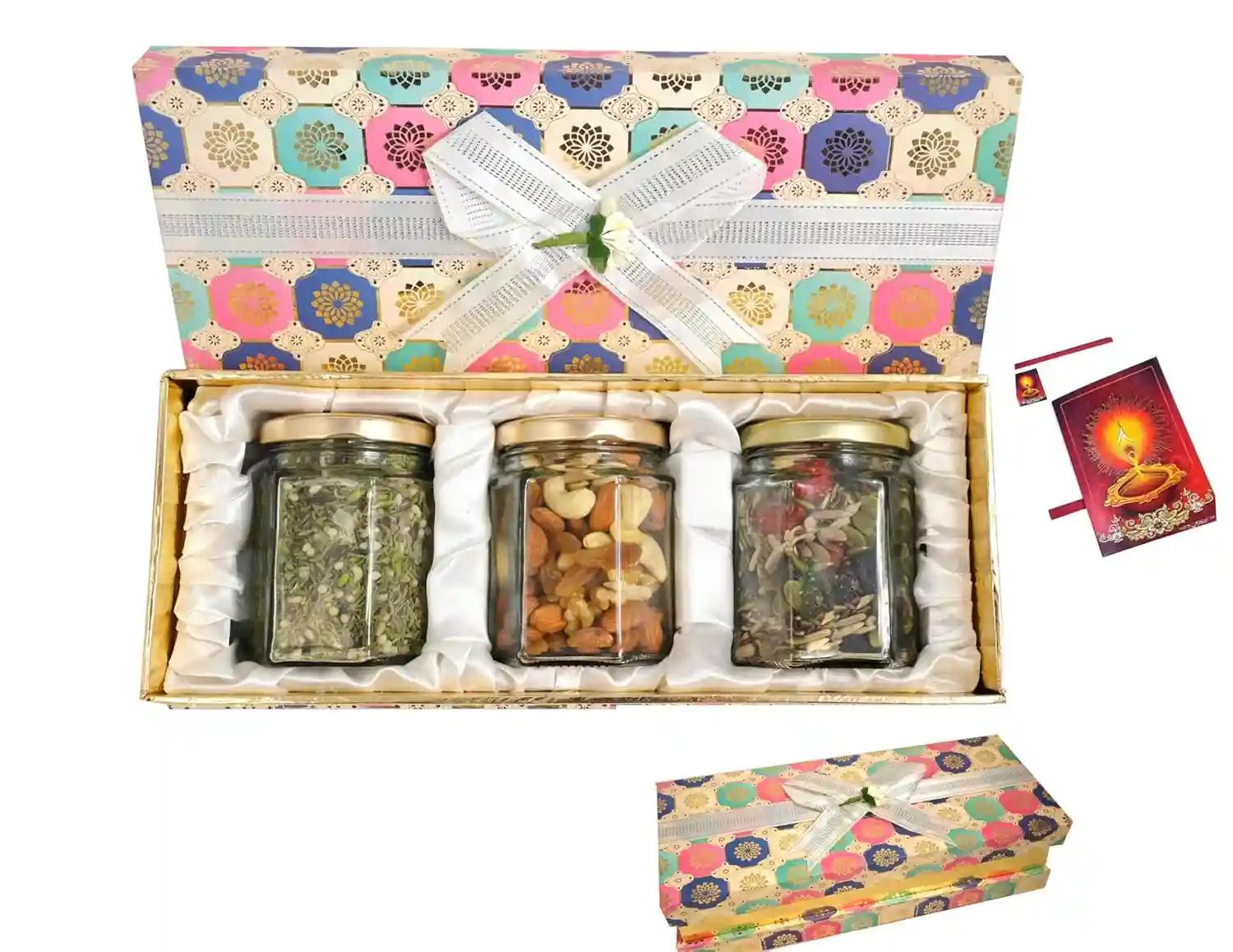 MANTOUSS Diwali Gift Items/Diwali Gift for Employees/Diwali Dry Fruits Gift Box/Diwali dryfruits Gift Hamper-Designer Box+Mix Dry Fruits(100gms)+Chocolate mukhwas+Mix Seeds(100gms)+Diwali Card