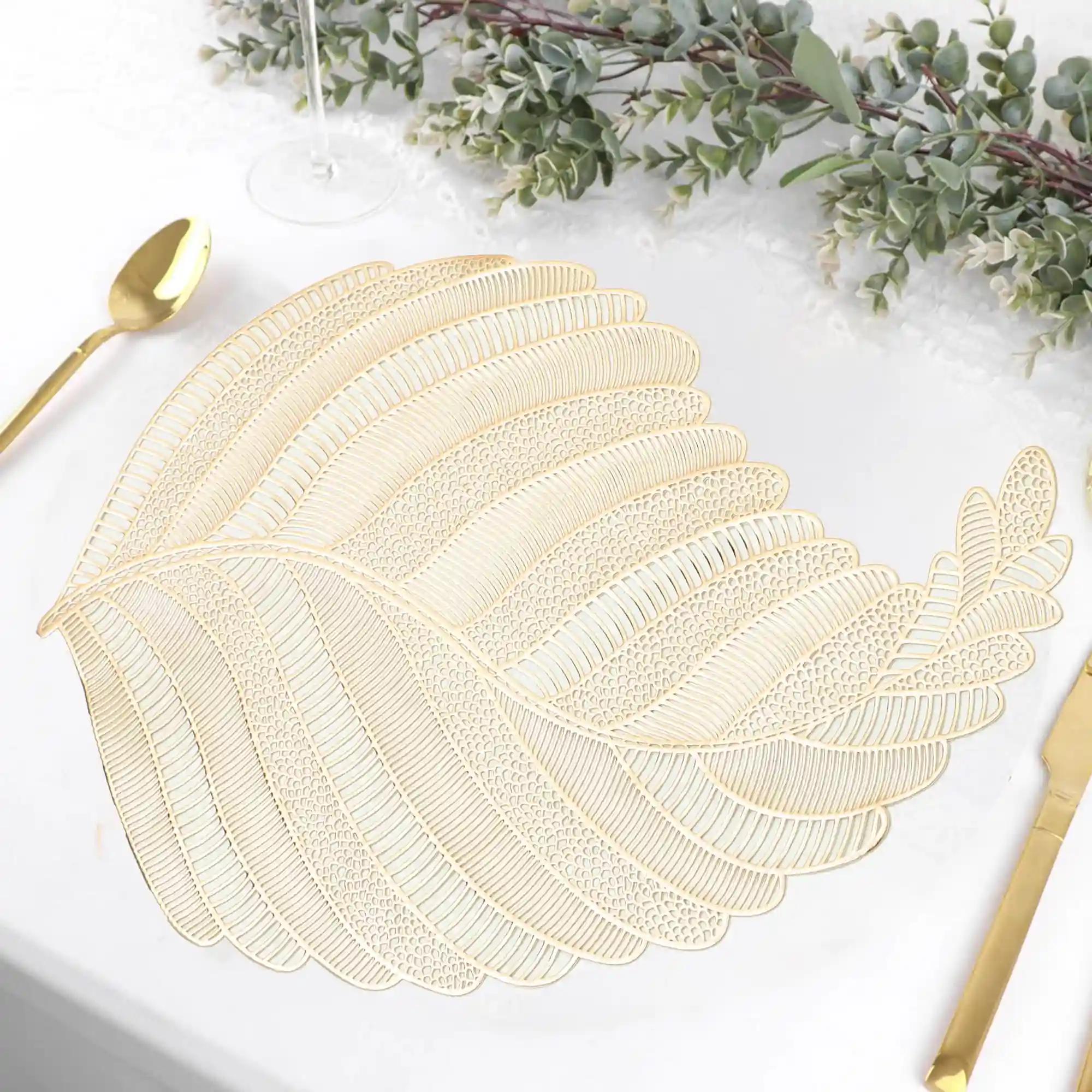 THE HOME TALK Dining Place Mats - Beautiful Leaf Shape - 16'' Inches - Set of 2 - Perfect for Dining, Home Decor, and Weddings - Metallic Leaf Pressed Vinyl Placemats - Lotus Gold