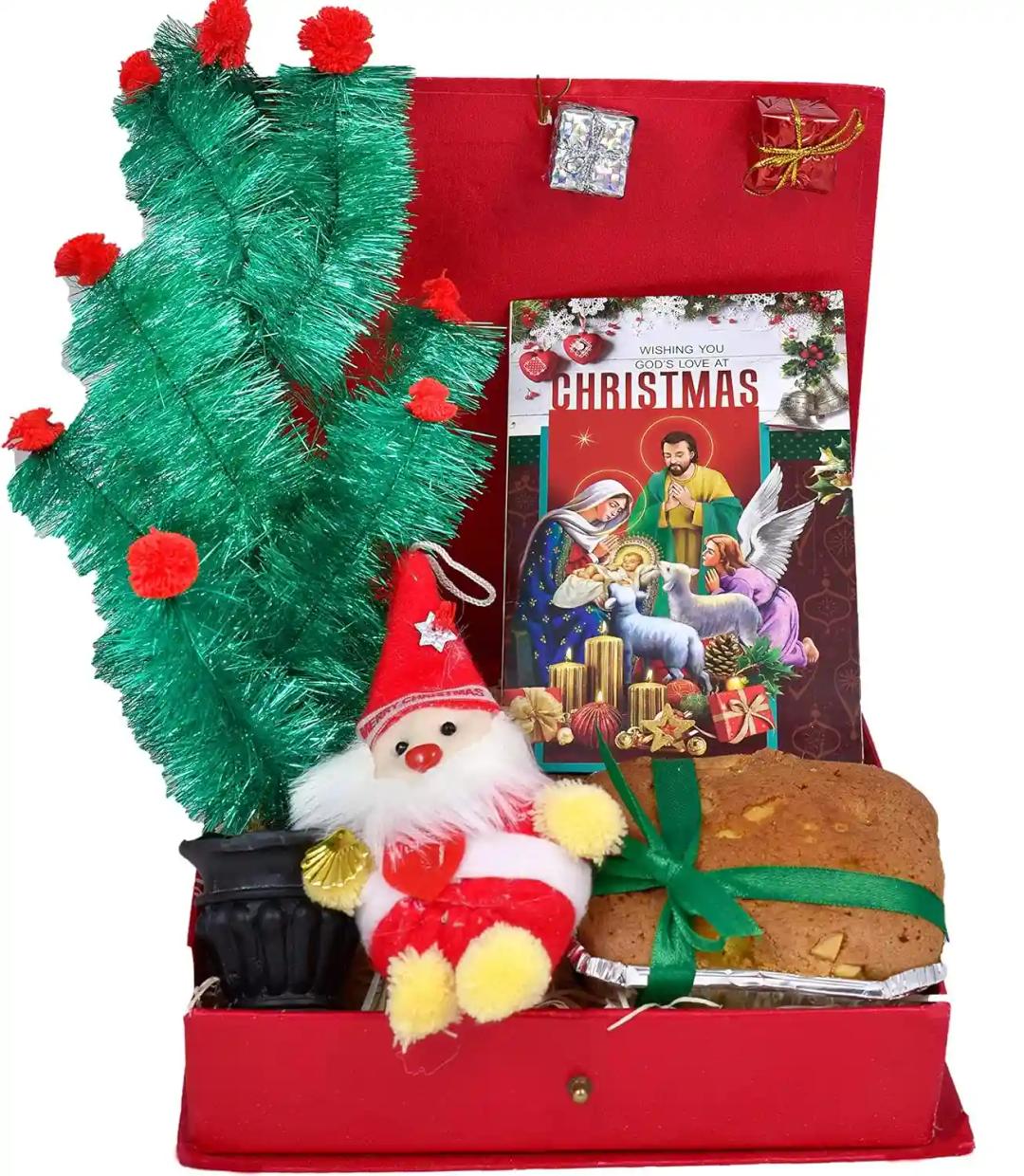 Christmas Corporate Gift/Christmas Gift Hamper/cororate Christmas Gifts for Employees-Decorated Box+150gms Cake+Christmas Tree+Santa Claus Soft Toy+Christmas Tree Decorations+Christmas Card