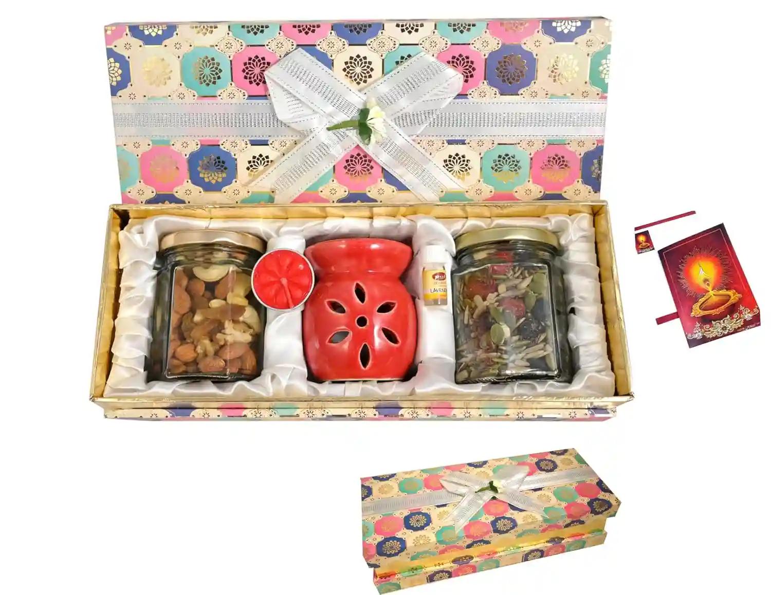 MANTOUSS Diwali Dry Fruits nut and Seed Box/Diwali Gift for Employees/Diwali Dry Fruits Gift Box/Diwali Gifts-Designer Box+Mix Dry Fruits(100gms)+Oil difuser+Mix Seeds(100gms)+Diwali Greeting Card