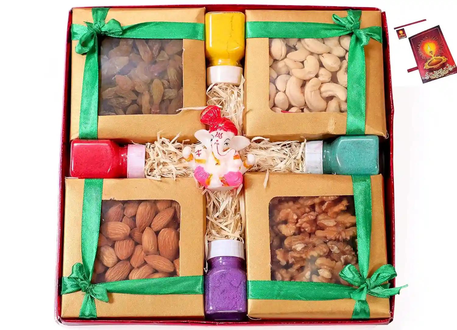 Diwali dry fruits gift hamper/Diwali dry fruits gift pack/Diwali dry fruit gift box-50gms almonds+50gms cashew+50gms walnuts+50 gms raisins+showpiece figurine+rangoli colours+Diwali Greeting card