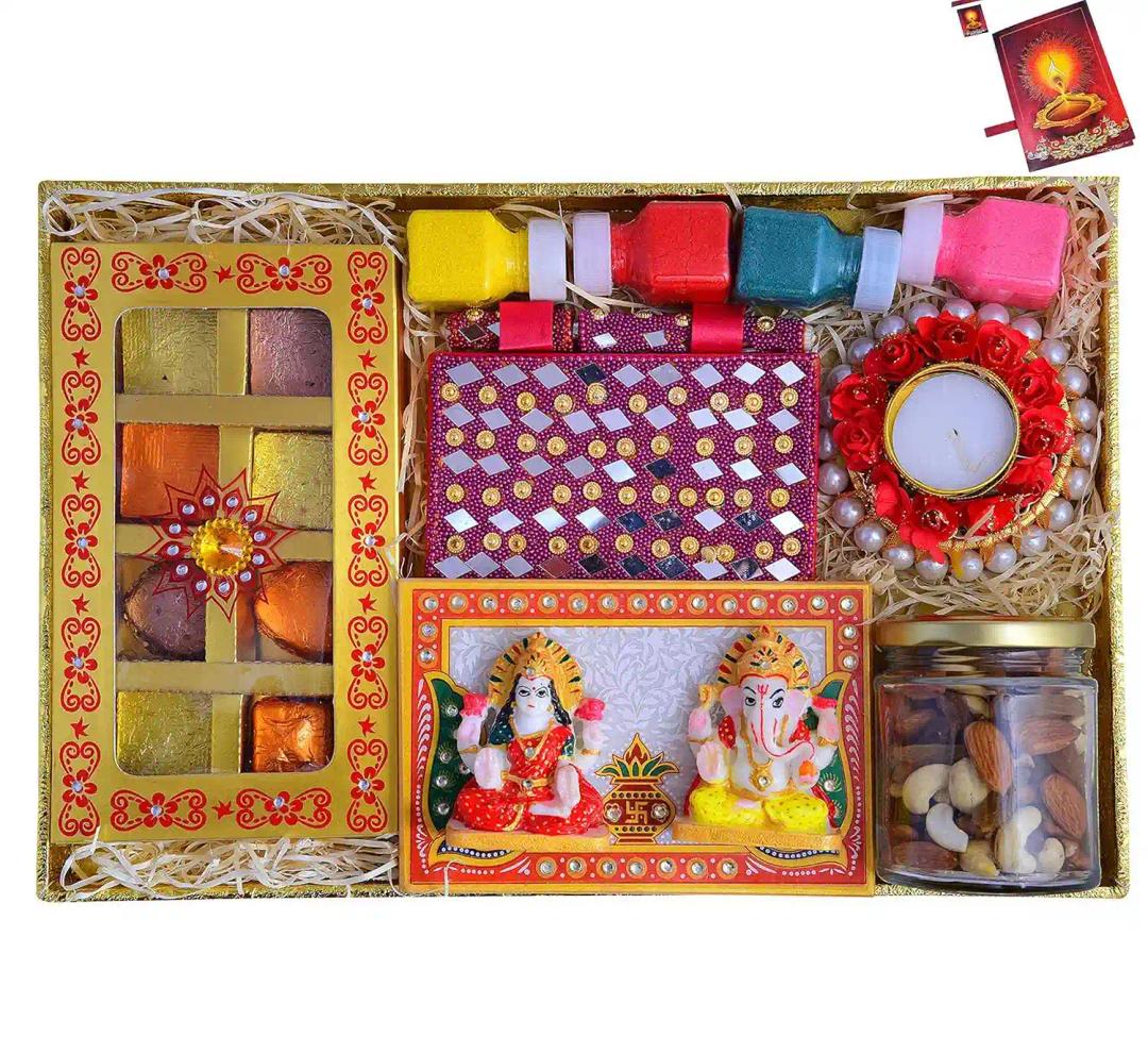 MANTOUSS Dry Fruits Diwali Pack/Diwali Dry Fruits Combo-1 Jar of Mix Dry Fruits+Chocolate Box+laxmi Ganesh chowki+Hand Decorated Diary Pen+Designer Flower tealight+Rangoli Colours+deepawali Card