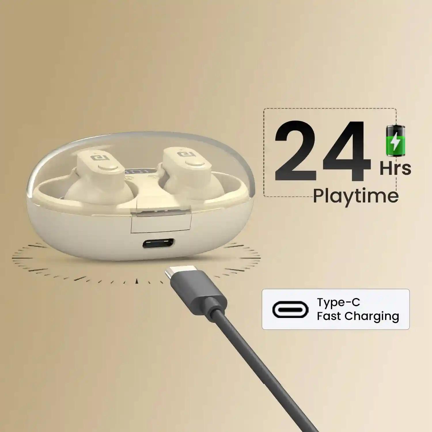 Portronics Harmonics Twins S16 In Ear Wireless TWS Earbuds with 24 Hrs Playtime, Clear Calls, Game & Music Mode, Low Latency, Bluetooth 5.3v, LED Display, Type C Fast Charging(Beige)