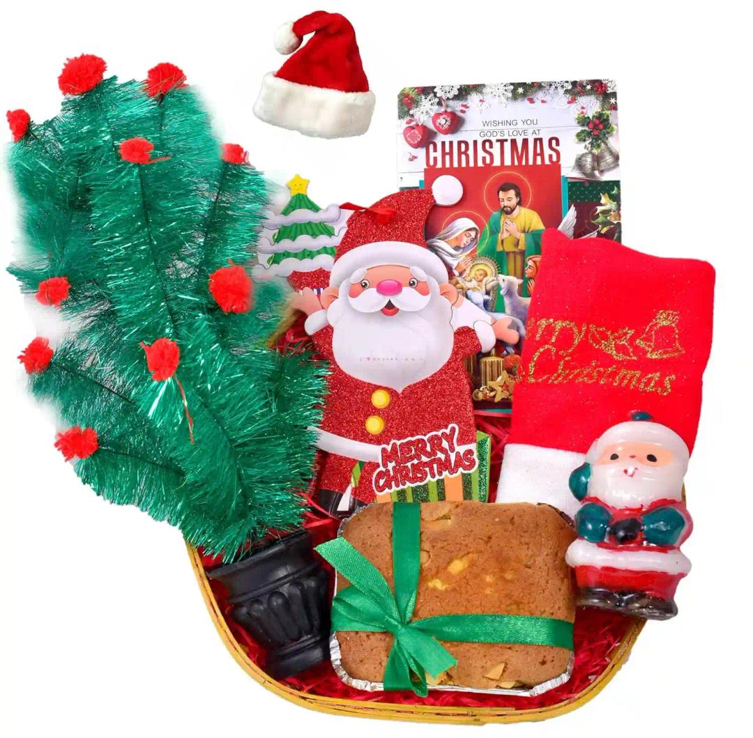 Christmas Cake Gift Hamper/Christmas Gifts/Christmas Gift for Kids-Decorated Basket+200gms veg plum Cake+Christmas Tree+Christmas Decorative hangings+Santa Claus Cap+Santa Claus Candle+Christmas Card