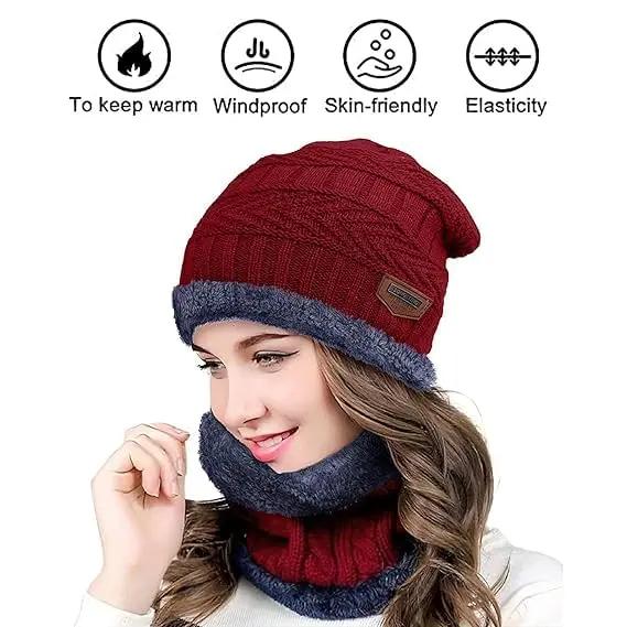 YOUTH ROBE - Premium Brand Knitted Winter Cap & Neck Scarf with fleece,Unisex Beanie Cap with Neck Warmer,Thermal Cap, Fluffy Woolen Cap (set of gloves and cap) Maroon