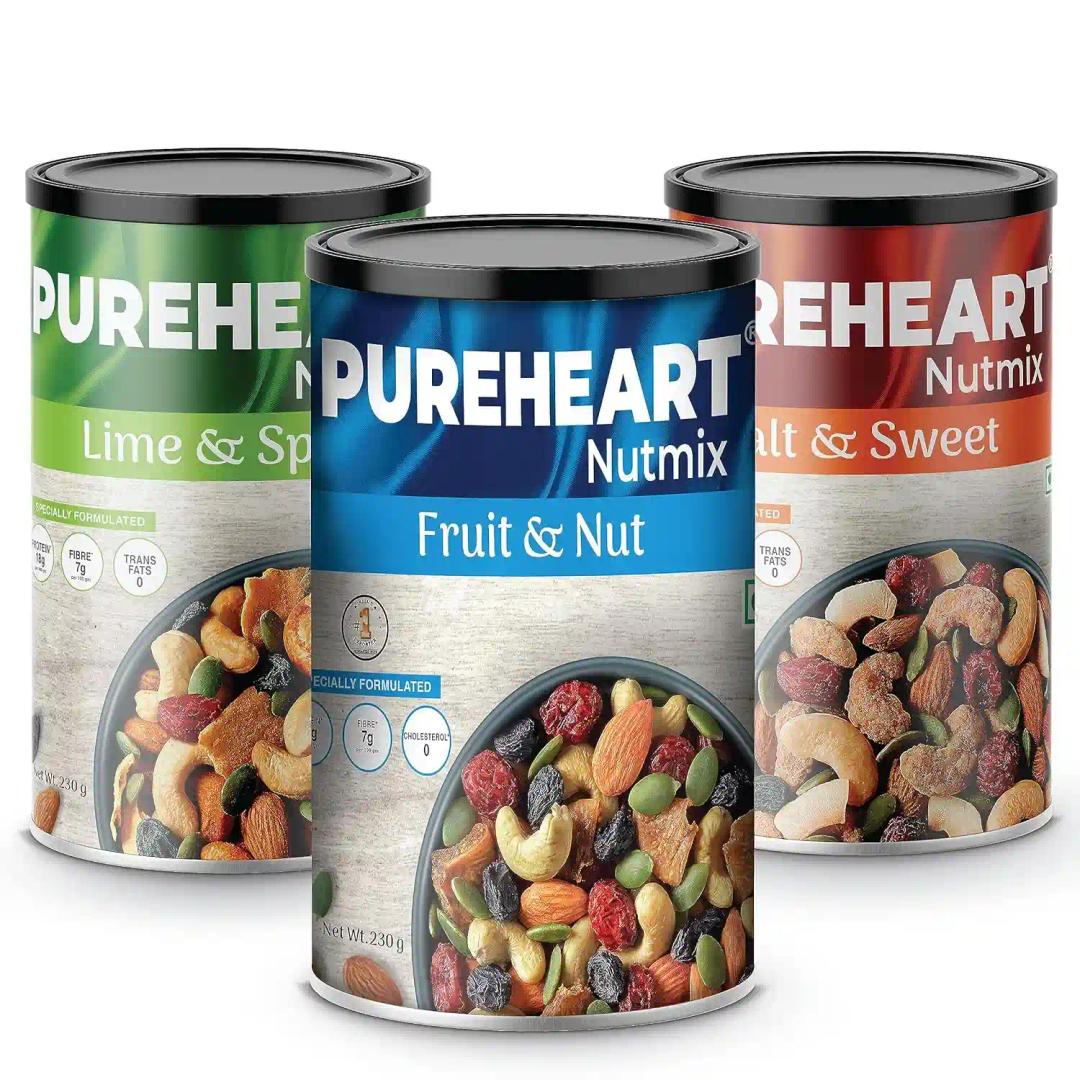 PUREHEART Nutmix Combo of Lime & Spice Fruit & Nuts (230 gm, Pack of 3) Natural Fruit & Nuts and Salt & Sweet Dry Fruits - Delicious and Crunchy Mix Nuts