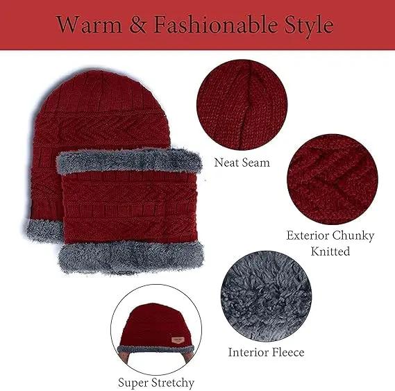 YOUTH ROBE - Premium Brand Knitted Winter Cap & Neck Scarf with fleece,Unisex Beanie Cap with Neck Warmer,Thermal Cap, Fluffy Woolen Cap (set of gloves and cap) Maroon