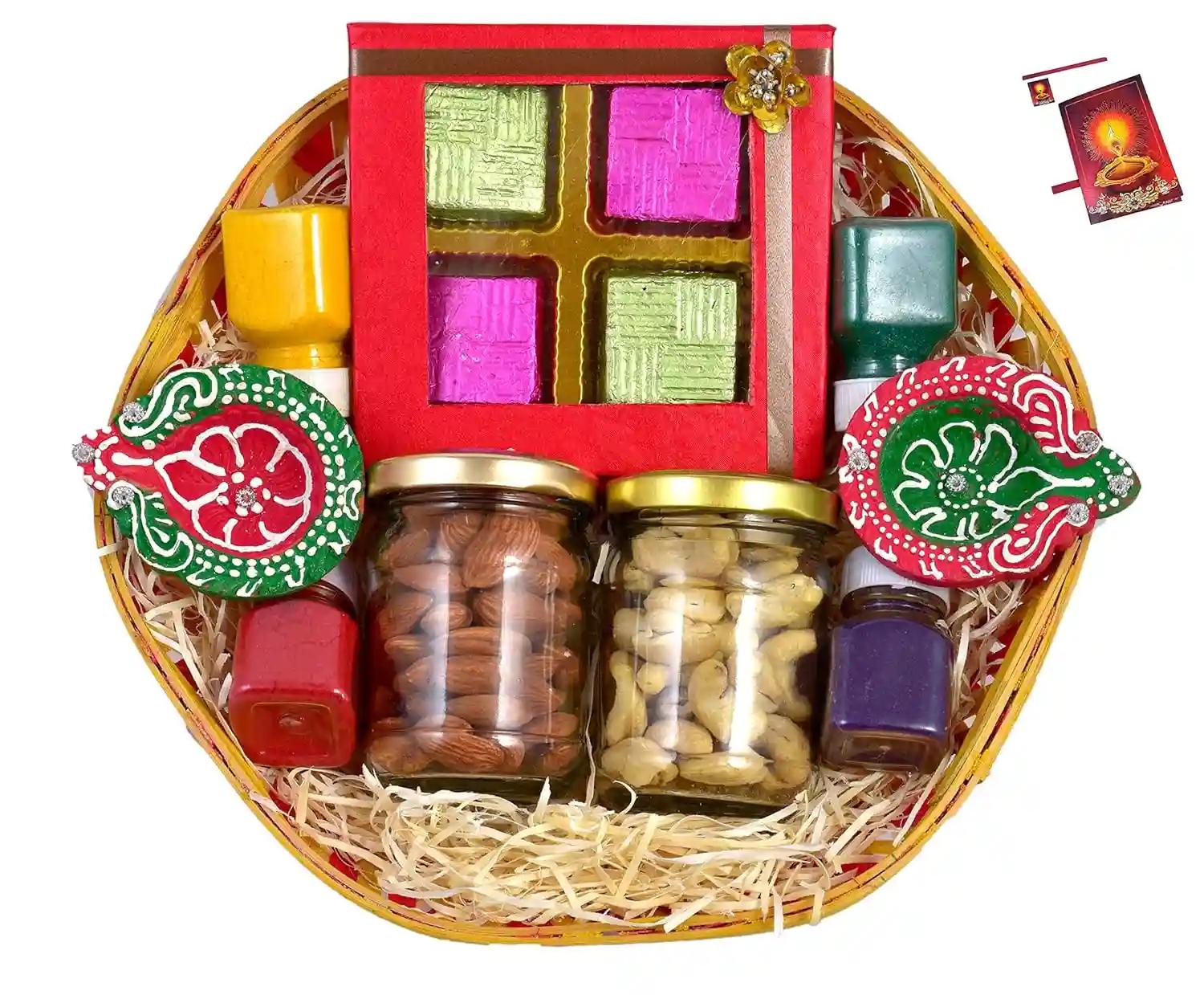 Diwali Gift hampers with Dry Fruits/Dry Fruits Combo Pack/Dry fruits gift pack-Decorated Basket+2 Jars of Dry Fruits(Almond and Cashew)+Chocolate box+2 designer Diya+4 Rangoli Colours+Diwali Card