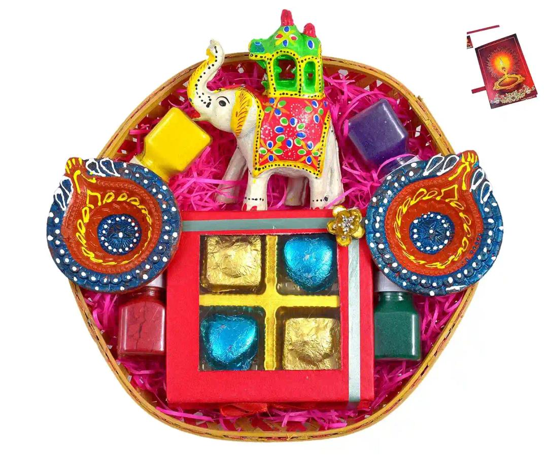 Diwali gifts for friends and family/Diwali gift hampers for employees/Diwali chocolate gift pack-decorated basket+Chocolate box+1 decorative Ambawadi elephnat+2 diya+4 rangoli colours+Diwali card