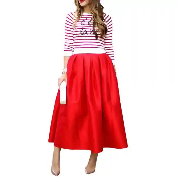 Luxurious Red Silk Taffeta Midi Skirt – Elegant for Parties and Formal Events-M