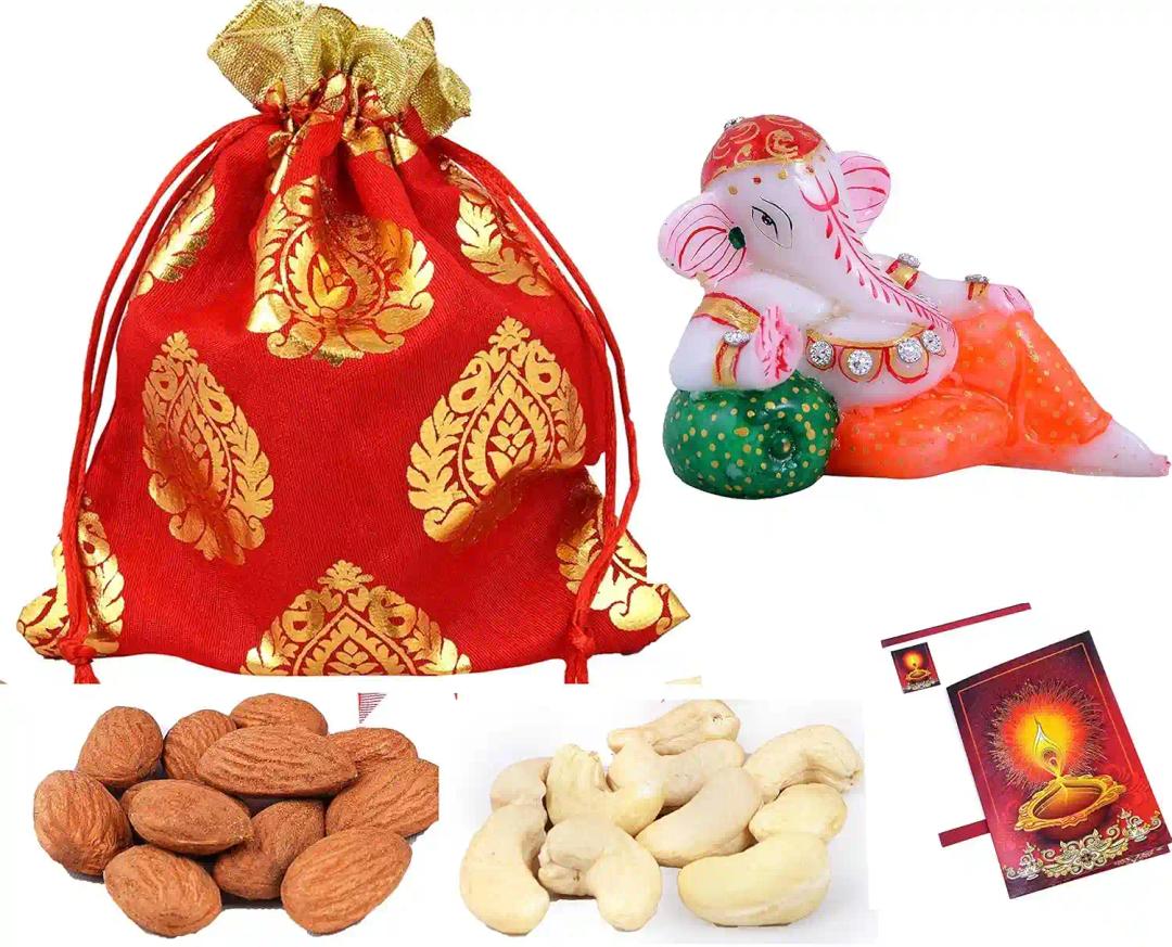 MANTOUSS Diwali Celebration Gourmet Hamper/Diwali Exclusive Dry Fruit Hamper-Designer Potli with Almonds and Cashew+Idol of Ganesha+Diwali Greeting Card