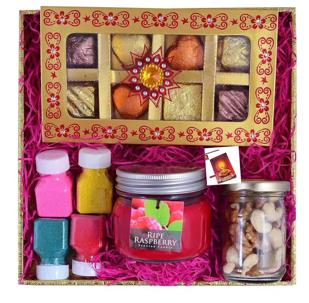 MANTOUSS Diwali Chocolate Gift Pack/Diwali Chocolate Gifts for Corporate Gifting-Designer Chocolate Box +Glass jar Scented Candle +Jar of Mix Dry Fruits+Rangoli Colours+Deepawali Greeting Card