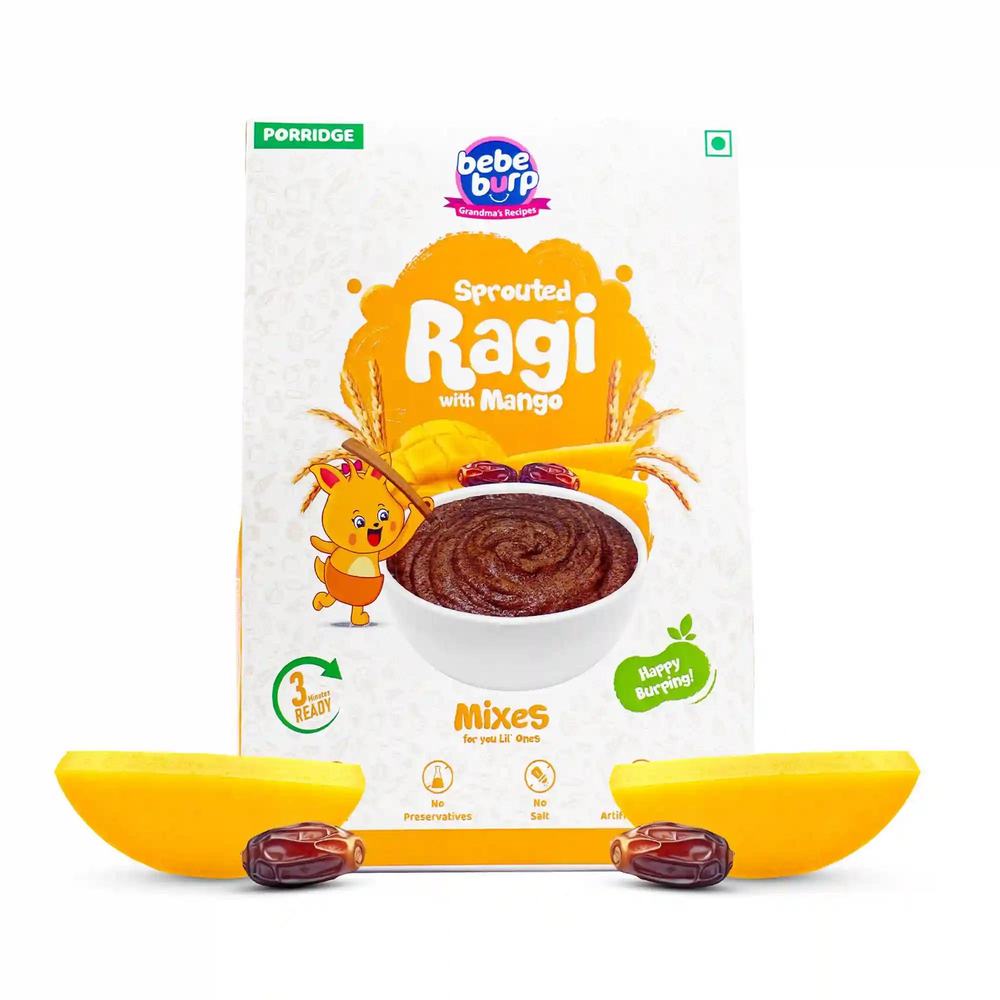 Bebe Burp No Added Sugar Instant Cereal | Sprouted Ragi with Mango | No Preservatives No Salt | Lightly Sweetened with Date Powder | Made with Ragi, 200g