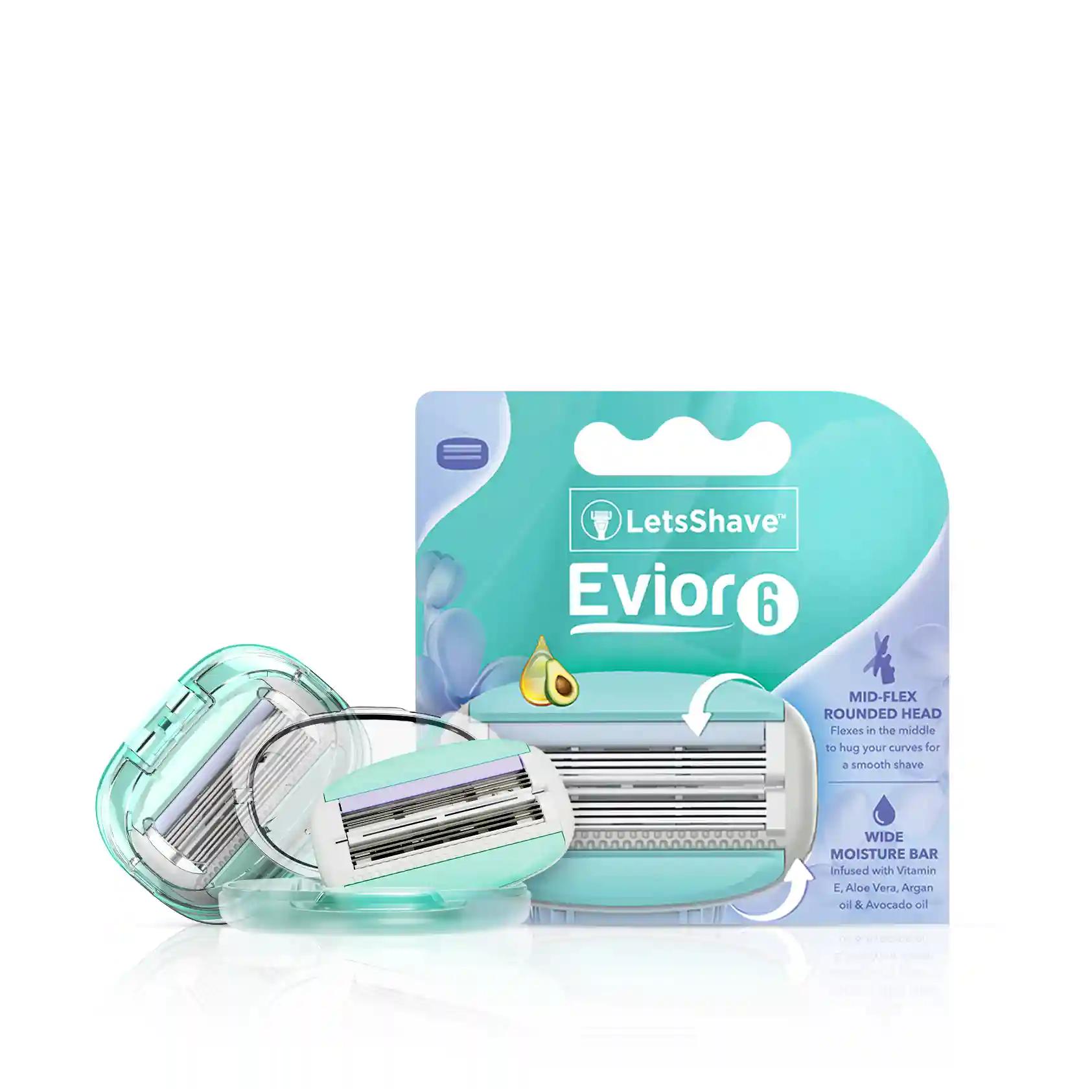 LetsShave Evior 6 Blade Refills/Cartridges For Women | Shaving Razor Blades For Full Body | Razor For Women With Lubricating Strip Enriched With Aloe Vera, Vitamin E And Argan Oil | Pack Of 2