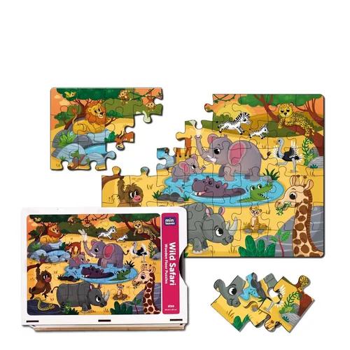 Mini Leaves Wild Safari Animals 48 Pieces Wooden Jigsaw Floor Puzzle with Wooden Box