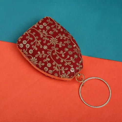 Stylish Embroidered Egg Shape Designer Fabric Clutch - Maroon