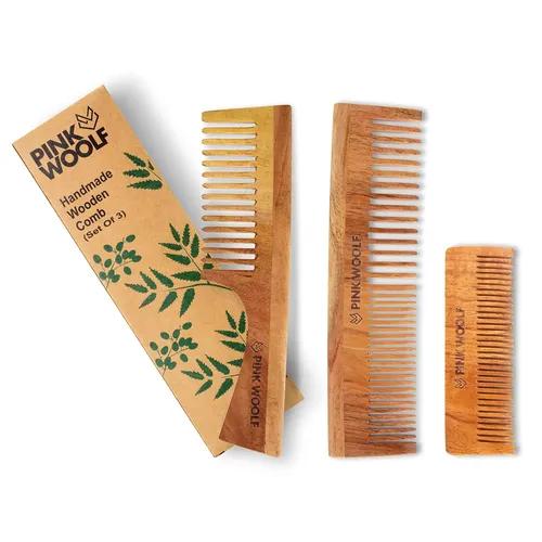 PINK WOOLF Handmade Neem Wooden Comb Comb, Women & Men, Natural and Eco-Friendly, Anti-Bacterial Hair Styling Comb with Fine & Wide Teeth Comb, Three Comb COMBO