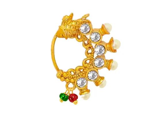 JEWELOPIA Maharashtrian Nath CZ Nose Stud Pin Marathi AD Non Piercing Pearl Gold Plated Jewellery For Girls (Crystal White)