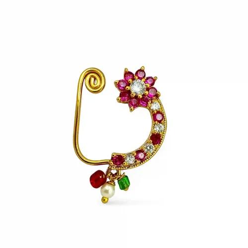 JEWELOPIA Maharashtrian Nath CZ Nose pin Traditional Bridal Nath Wedding Jewellery Marathi AD Nose Stud Pearl Gold Plated Clip On For Girls (Moon Shape)