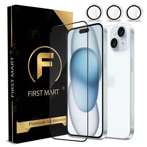 FIRST MART for iPhone 15 Plus Tempered Glass and 1 Set of Individual Silver Camera Rings Protectors, 2.5D Curved Edges, Full-Coverage Military-Grade Protection, Scratch Resistant | Silver Rings