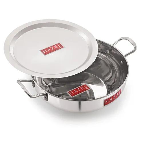 HAZEL Induction Base Kadai Kadhai | Stainless Steel Deep Karahi Induction Bottom Kadahi with Steel Lid Cover 22.5 cm Cookware Utensil, (Kadhai 20.2 cm, 1900 ml), Silver