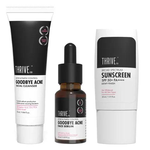 ThriveCo Acne-Free Sun Defense Kit | Sunscreen (30ml), Anti-Acne Serum (10ml) & Face Wash (25ml) | Treats Acne, & Acne Marks | SPF 50 PA++++ |  Zero White Cast | Travel-Friendly | For Men and Women