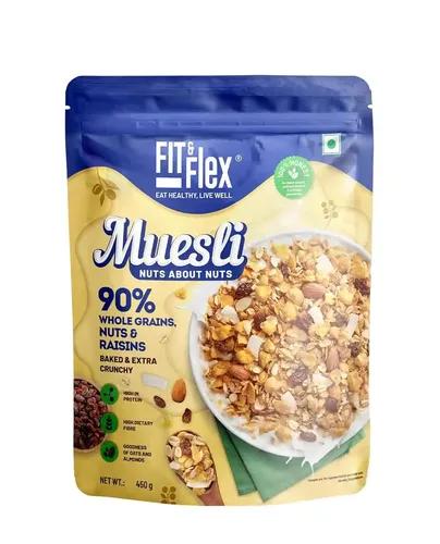 FIT & FLEX Baked And Healthy Rich Cereal Muesli | Oat Rich Cereal With High Protein | Ready To Eat Breakfast Cereal, Nuts About Nuts - 450 Gm (Pack Of 1)