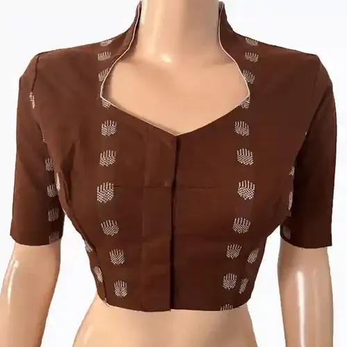 Jacquard Handloom High neck Blouse with Lining - Brown S