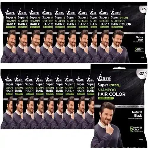 VCare Super Eazzy Hair Colour Shampoo for Women and Men 20ml | Only 5 Minute Root Hair Dye Coloring Kit Head, Moustache, Beard, Hands, Chest | No Parabens, Ammonia And Sulfates (Pack of 20, Black)