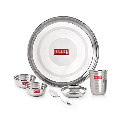 HAZEL Stainless Steel Dinner Set of 6 | Dinner Set Steel (1 Steel Plate, 2 Bowl, 1 Spoon, 1 Dessert Plate, 1 Steel Glass) 6 Pieces, Silver