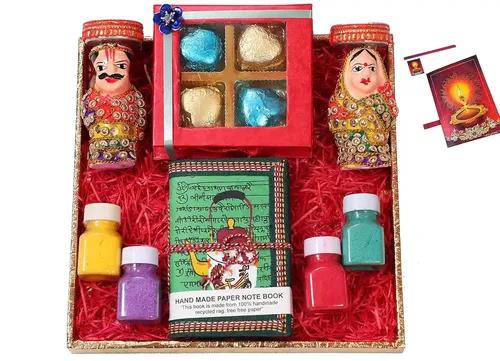 Diwali gift hamper/diwali gifts for family/diwali gifts for employees/Diwali chocolate gift pack-designer tray+Chocolate box+Couple tealight stand+handmade diary+rangoli colours +Diwali card