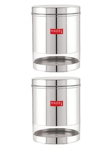 HAZEL Stainless Steel Containers Set For Kitchen Storage Transparent See Through Glossy Finish Storage Jars Dabba, Set of 2, 2200 ML Each, Silver