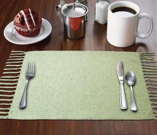 THE HOME TALK Cotton Placemats | Side Table Mats | Heat-Resistant | with Fringes | Best for Bed-Side Table, Center Table, Dining Table | The Home Talk (Mint Green 1, 13 x 19 Inch)