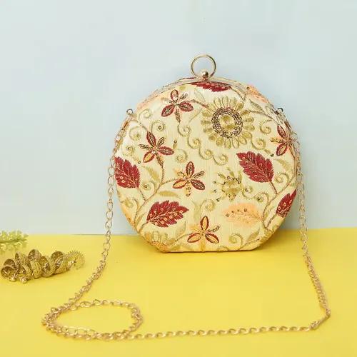 Embroidered Round Matka Clutch For Women - Golden