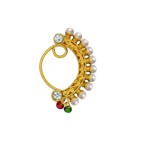 JEWELOPIA Maharashtrian Nath CZ Nose pin Traditional Bridal Nath Wedding Jewellery Marathi AD Nose Stud non piercing Gold Plated Clip On Press Nath Nose Ring For Girls