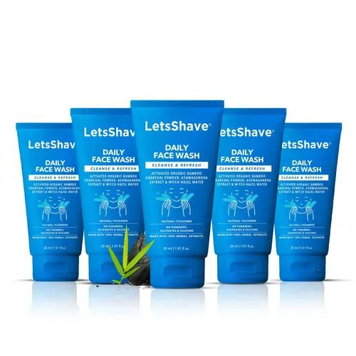 LetsShave Anti Acne Face Wash Travel Set For Men & Women With Activated Charcoal & Mint Oil Salicylic Acid 30 Ml (Pack Of 5)