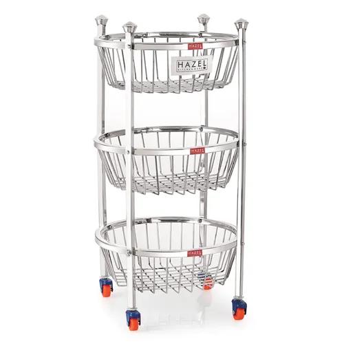 HAZEL Stainless Steel Fruit Baskets I Fruit and Vegetable Trolly Basket, 3 Layer | Round Stand for Kitchen I Multipurpose Fruit Basket Steel Trolley with Wheels