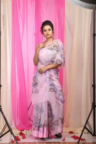 Pure Organza Hand-Painted Pink Saree With Purple Flower Design