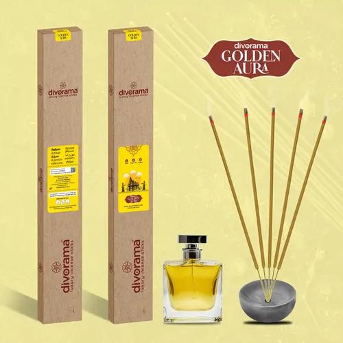 DivoRama Premium Golden Aura Incense Sticks–Sweet Perfume Fragrance-19" long-lasting Aroma Agarbatti with extra spread to fill every corner with a Spiritual Vibe this Festive Season–7 Sticks/Pack