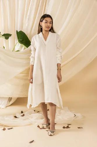 Linen Short Dress With Pearl Embroidery - Small