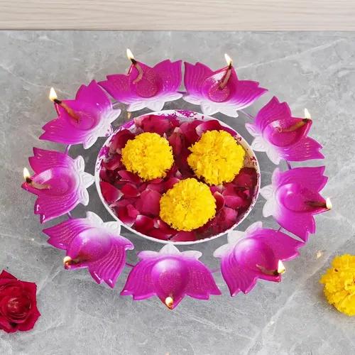 WEBELKART Lotus Flower Diya Shape urli Bowl for Home and Pooja Decorations| Urli tealight Candle Holder for Home and Office Decor (11.41" Inches)- Diwali Candle Holder Pink