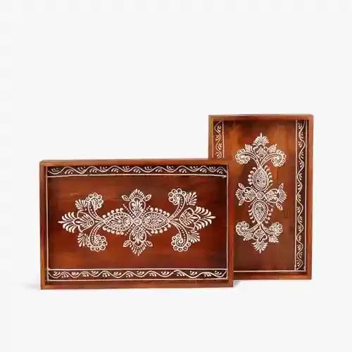 CASA DECOR Floral Motifs Handcrafted Wooden Tray