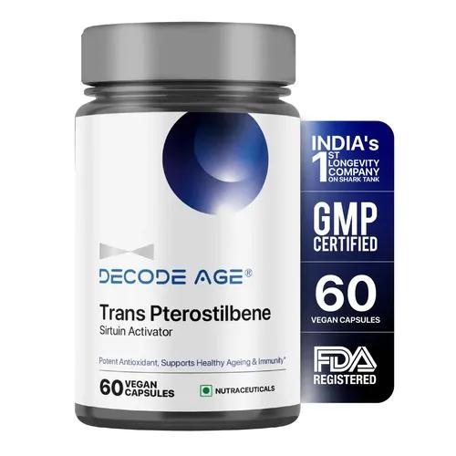 DECODE AGE 99% Pure Trans-Pterostilbene | Potent Antioxidant | High Bioavailability | Promotes Healthy Ageing | Skin Health| 60 Vegan Capsules