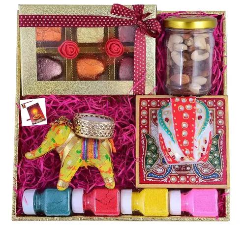 MANTOUSS Diwali Chocolate Hamper/Chocolate Gift Pack-Decorated Tray+Chocolate Box+Mix Dry Fruits+Elephant Style Candle Holder with tealight+Chowki Ganesha+4 Rangoli Colours+Deepawali Greeting Card