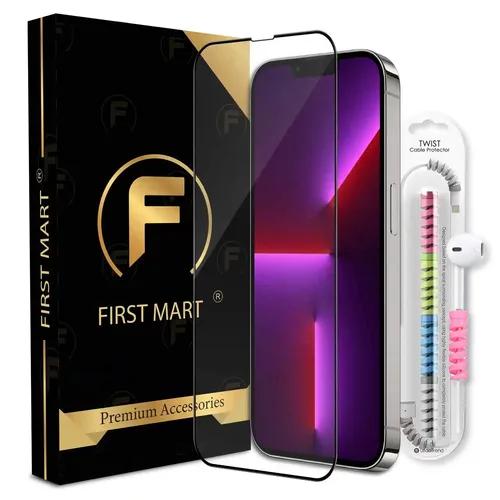 FIRST MART Premium Tempered Glass for iPhone 13 Pro/iPhone 13/14 with Edge to Edge Coverage and Cable Protector and Easy Installation Kit, Pack of 1