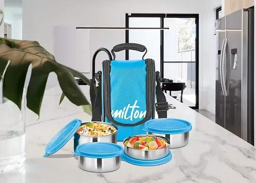 Milton Tasty 4 Stainless Steel Lunch Box with 4 Containers, (1 - 200 ml, 2 - 320 ml Each, 1 - 500 ml), Cyan | Leak proof | Easy to carry | Stainless Steel | Odour Proof | Food Grade | Light Weight | Easy to Clean