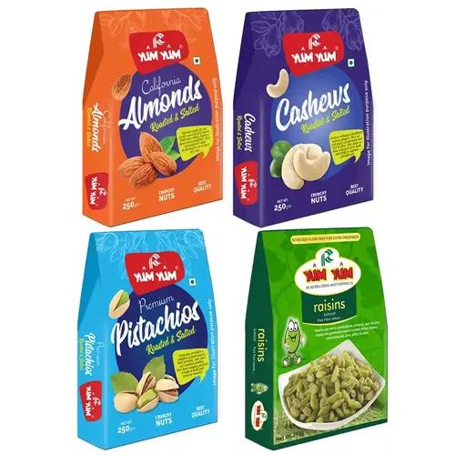 YUM YUM Premium Dry Fruits Combo Pack of 4 | California Roasted Almonds, Green Raisins, Whole Cashews, Roasted Pistachios | Total 1kg | Healthy Dry Fruits Snacks | Kaju, Kismis, Pista & Badam Combo