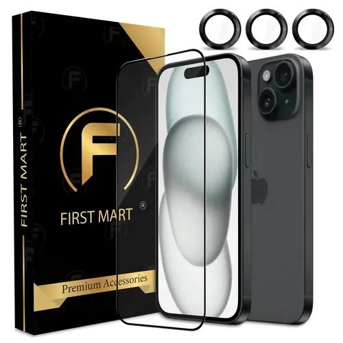 FIRST MART for iPhone 15 Plus Tempered Glass and 1 Set of Individual Black Camera Rings Protectors, 2.5D Curved Edges, Full-Coverage Military-Grade Protection, Scratch Resistant | Black Rings