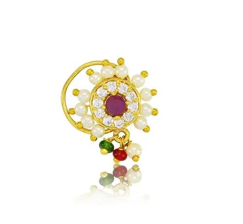 JEWELOPIA Maharashtrian Nath CZ Nose pin Traditional Bridal Wedding Jewellery Marathi AD Nose Stud non Piercing Pearl Nath Ring For Girls (Floral Ruby AD Nath)