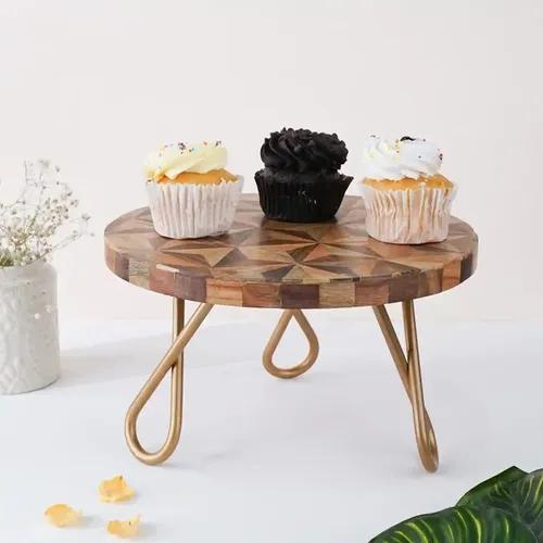 CASA DECOR Wooden Geometrical Forest Pizza Pastry Cake Stand Pack of 1 (Brown, Diameter-10 Inch)